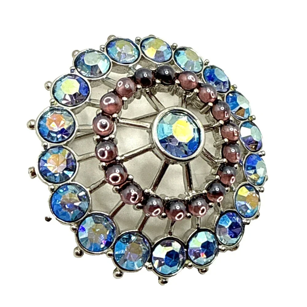 Vintage Blue Aurora Borealis Rhinestone Brooch Purple Moonstone Accents 2 1/8
